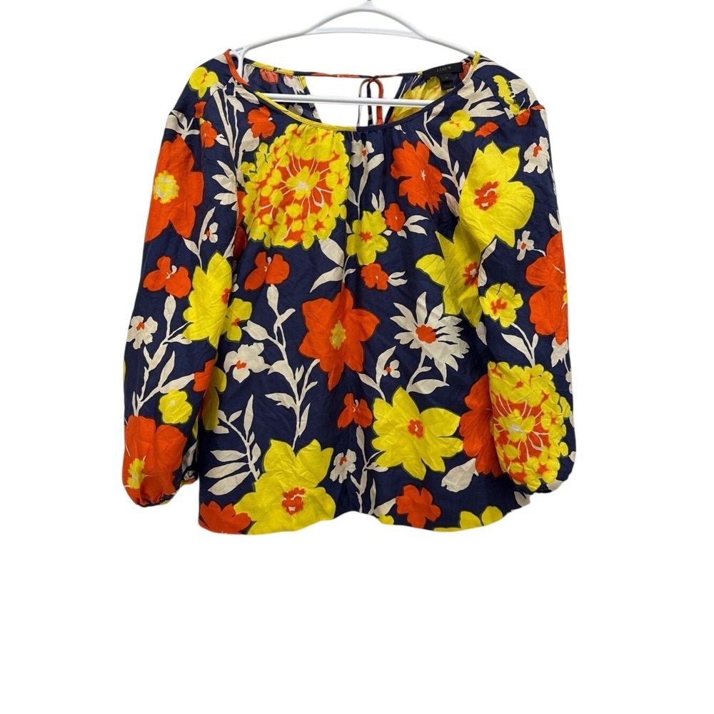 J.Crew 100% Silk Floral Blouse Navy Yellow Orange Long Sleeve Size 0